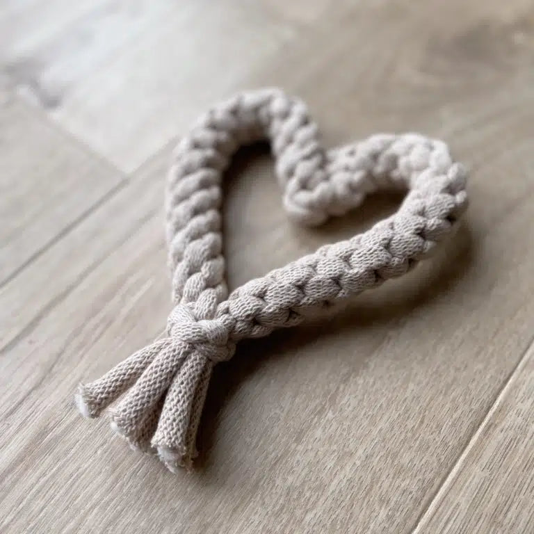 Beige cotton rope dog toy shaped like a heart, Love collection banner