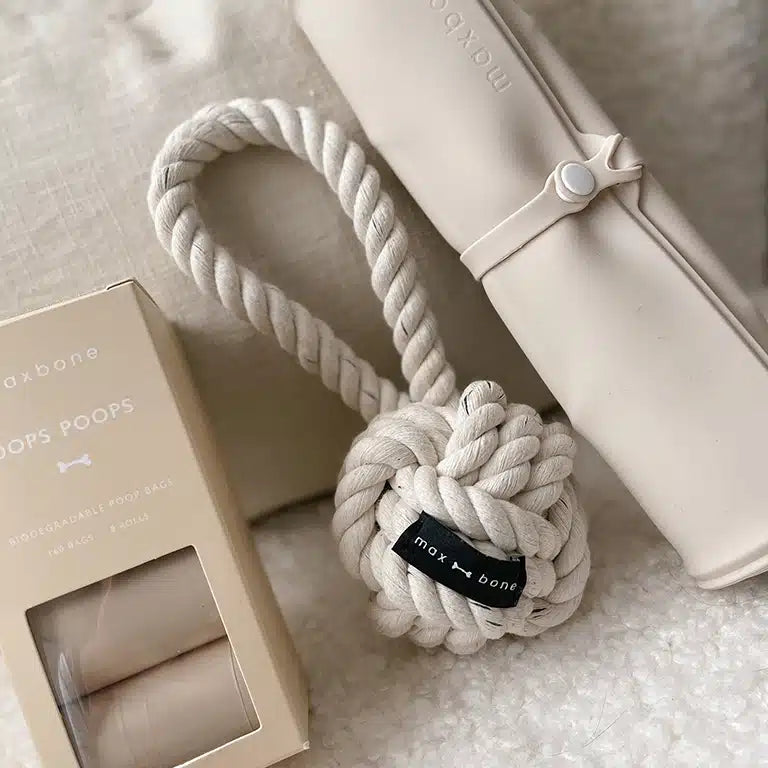 Maxbone cream rope toy, collapsible bowl and poo bags box, Modern Pup collection banner