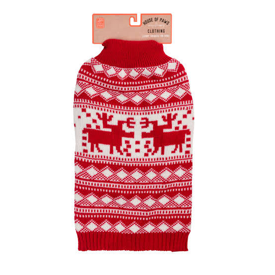 Red and white fair isle knitted dog jumper with reindeer pattern, House of Paws XLarge