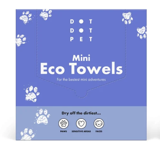 Purple box of Dot Dot Pet Mini Eco Towels, biodegradable dog wipes for paws and sensitive areas