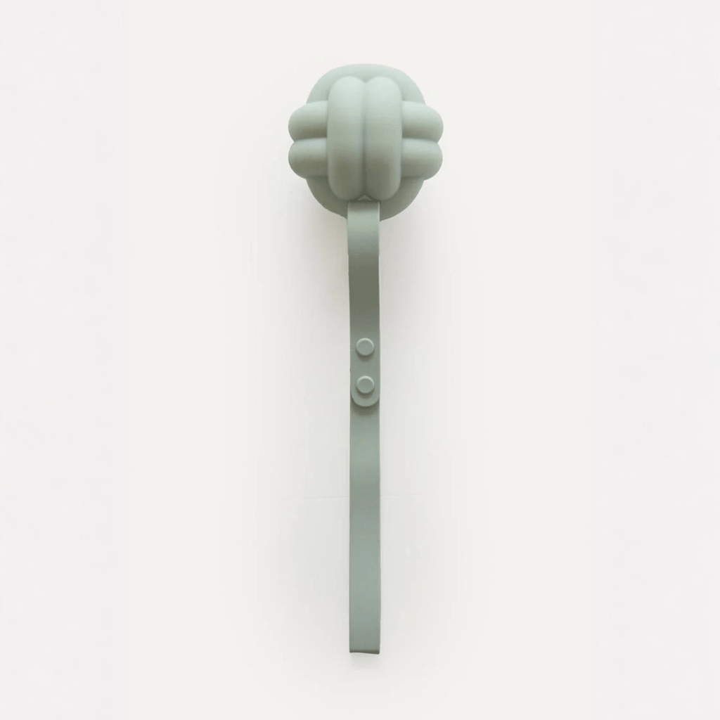 Sage green silicone knot ball dog toy on adjustable tether strap with snap buttons, maxbone Enrichment