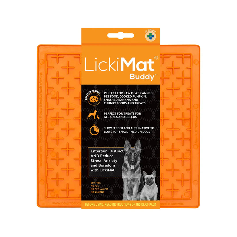 Orange LickiMat Classic Buddy dog lickmat with retail packaging card