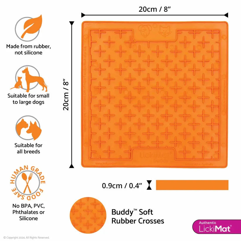 Orange LickiMat Classic Buddy dog lickmat with dimensions and product features infographic