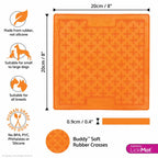 Orange LickiMat Classic Buddy dog lickmat with dimensions and product features infographic