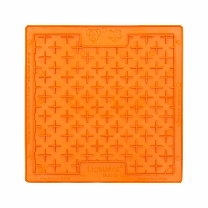 Orange square silicone dog lickmat with cross pattern, LickiMat Classic Buddy