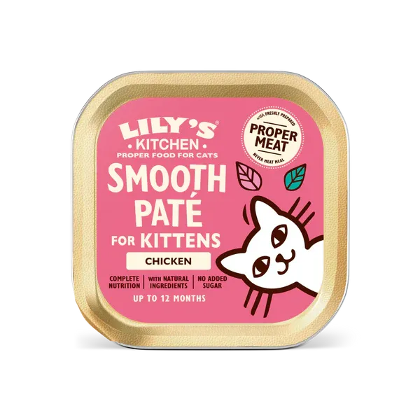 Pink foil-topped tray of Lily's Kitchen smooth chicken paté for kittens