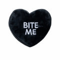 Black plush heart-shaped dog toy with 'Bite Me' embroidered text, FuzzYard Spooky Candy Heart