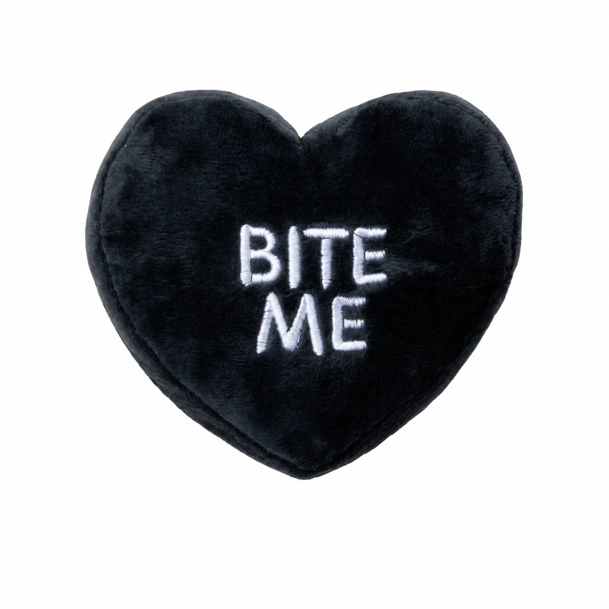 Black plush heart-shaped dog toy with 'Bite Me' embroidered text, FuzzYard Spooky Candy Heart