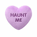 Lilac plush heart-shaped dog toy with 'Haunt Me' embroidered text, FuzzYard Spooky Candy Heart