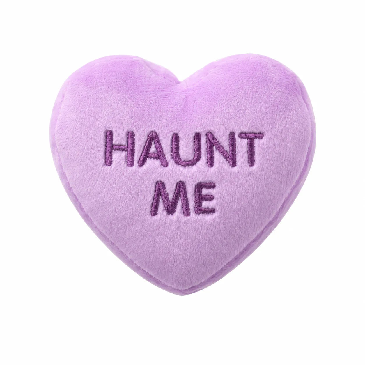 Lilac plush heart-shaped dog toy with 'Haunt Me' embroidered text, FuzzYard Spooky Candy Heart