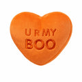 Orange plush heart-shaped dog toy with 'U R My Boo' embroidered text, FuzzYard Spooky Candy Heart