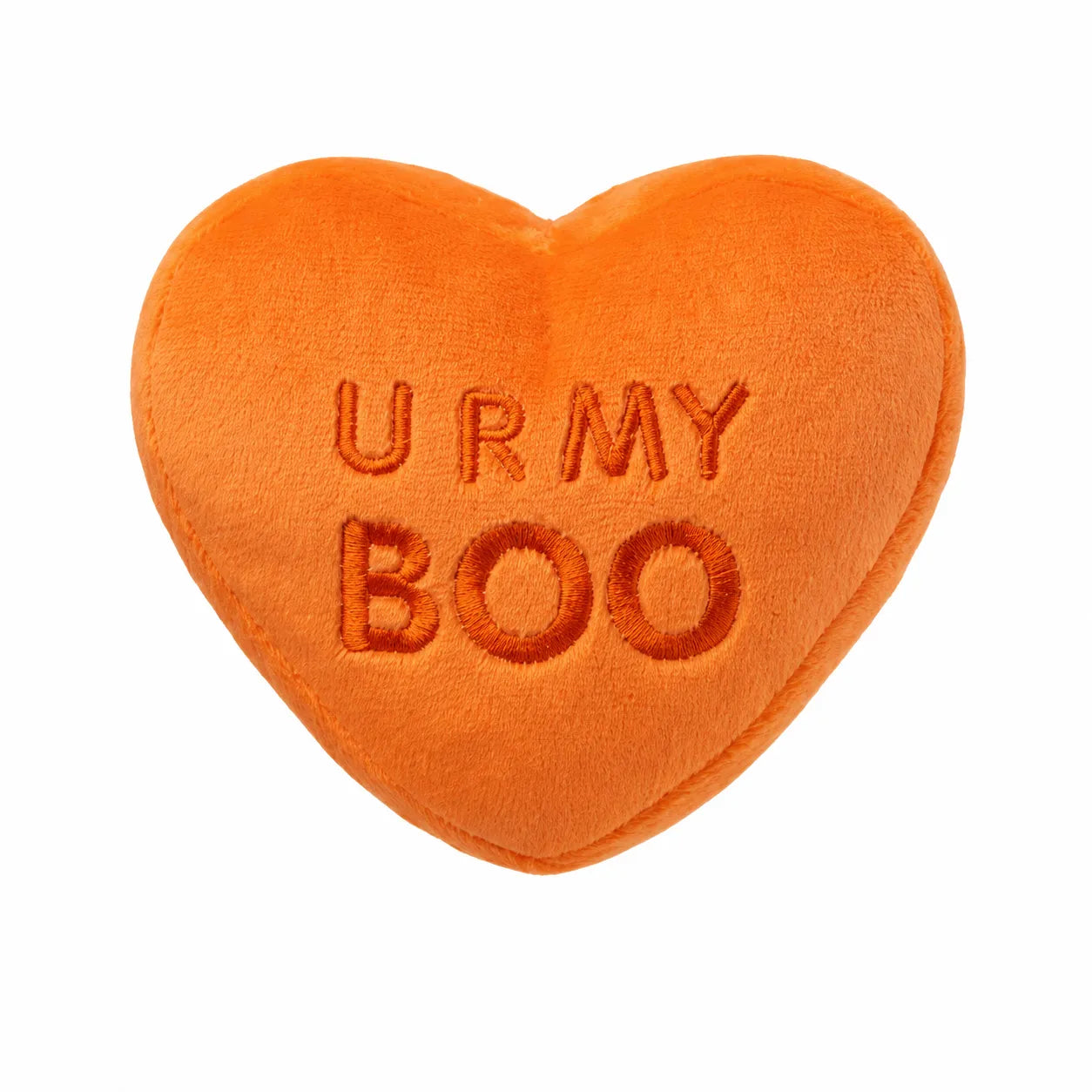Orange plush heart-shaped dog toy with 'U R My Boo' embroidered text, FuzzYard Spooky Candy Heart