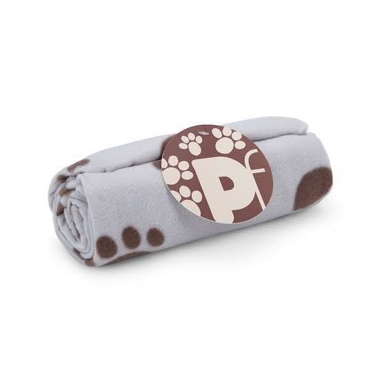 Rolled grey fleece dog blanket with brown paw print pattern, PetFace