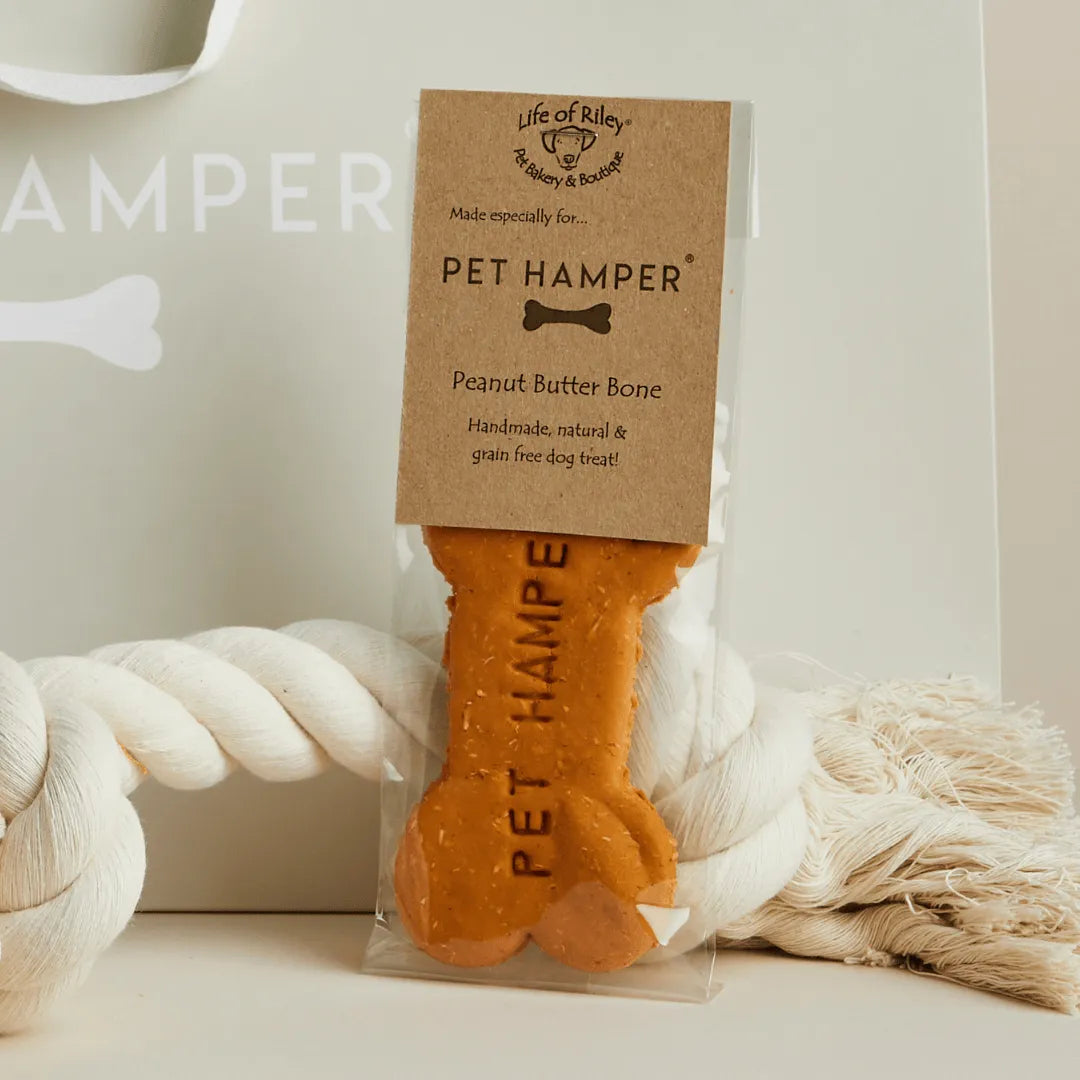 Bone-shaped peanut butter dog treat in Pet Hamper branded packaging, Life of Riley