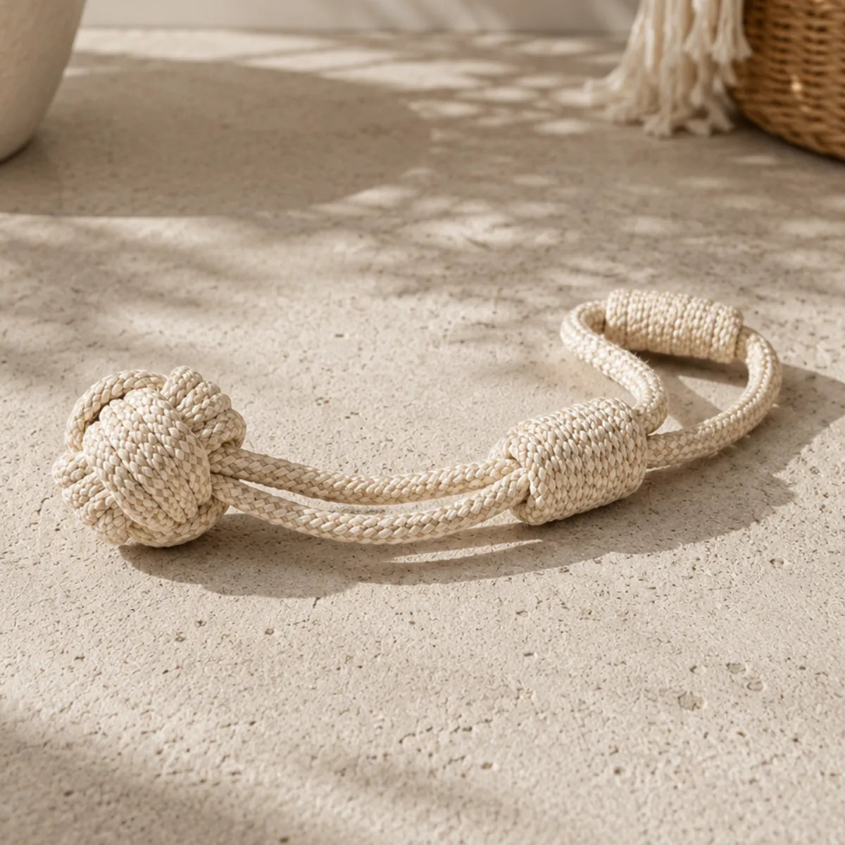 Cream hemp and cotton rope dog toy with knot ball and loop handle, Voyager Life