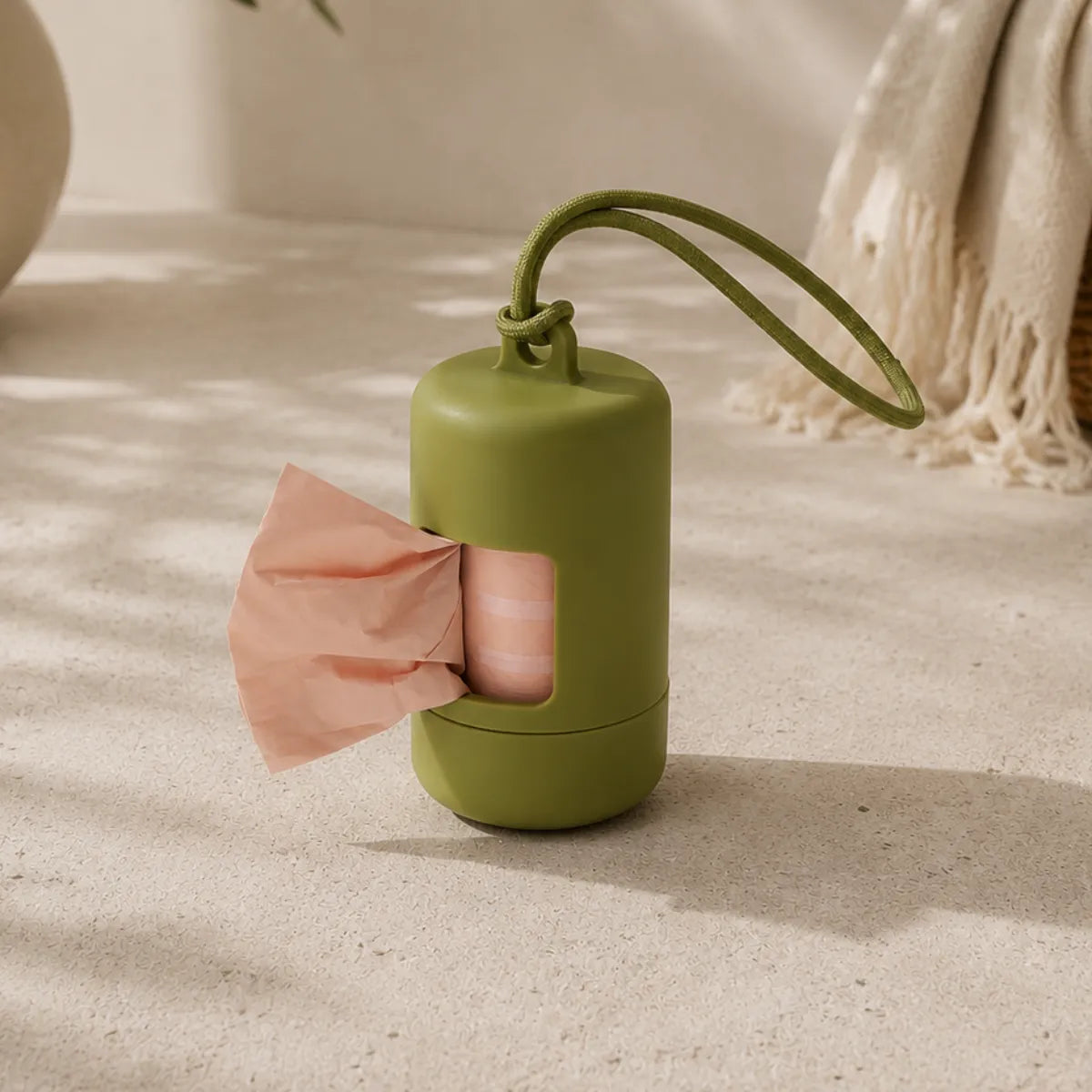 Moss green poop bag holder with cord loop and bag dispensing, Wild One