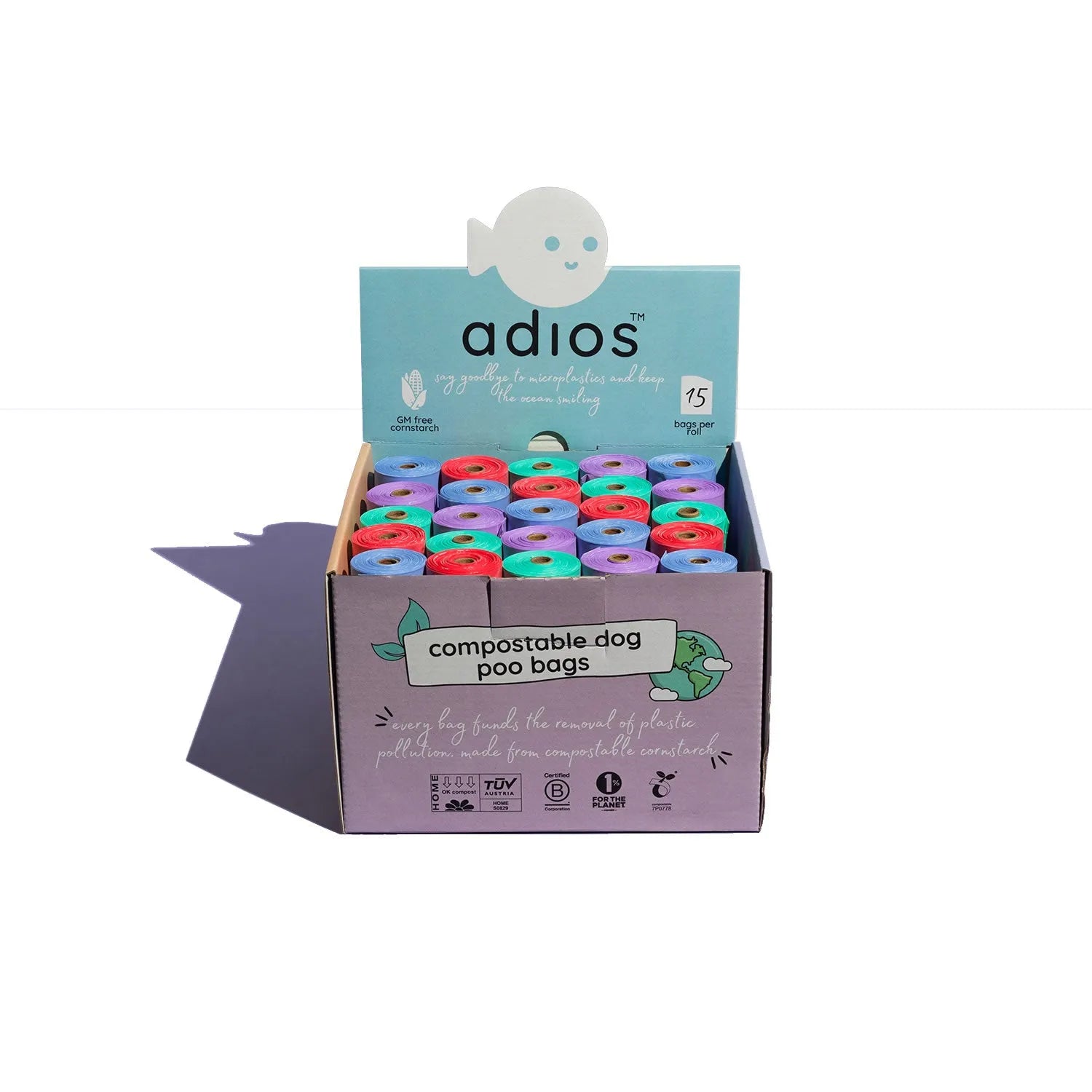 Display box of colourful Adios compostable dog poo bag rolls