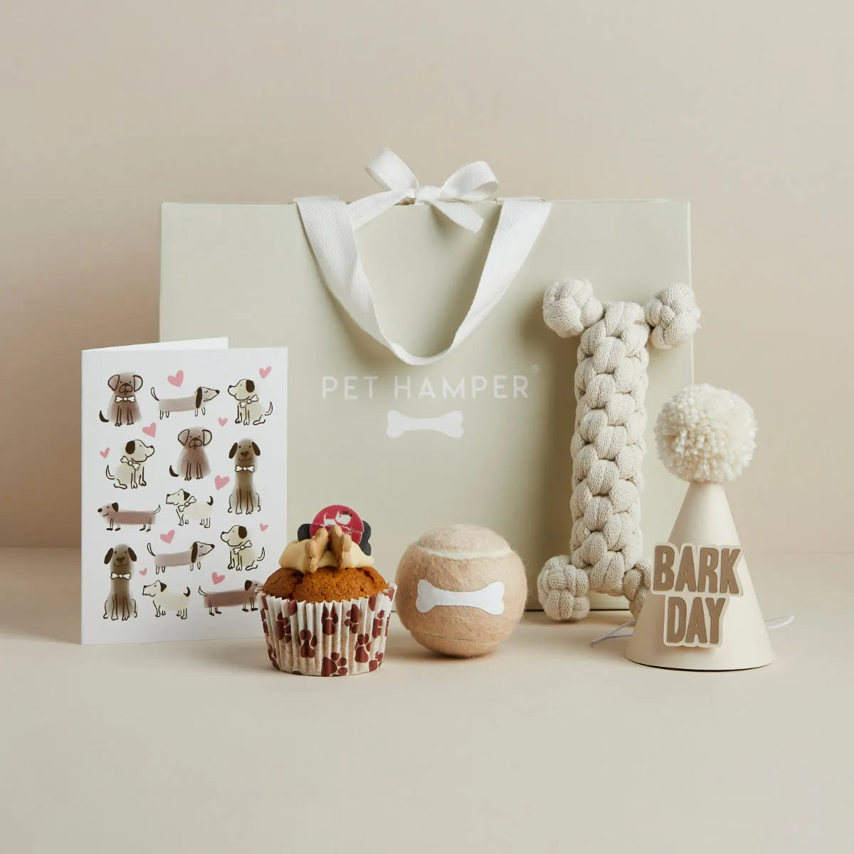 Bark Day Pawty dog birthday hamper with card, cupcake toy, tennis ball, rope bone and party hat