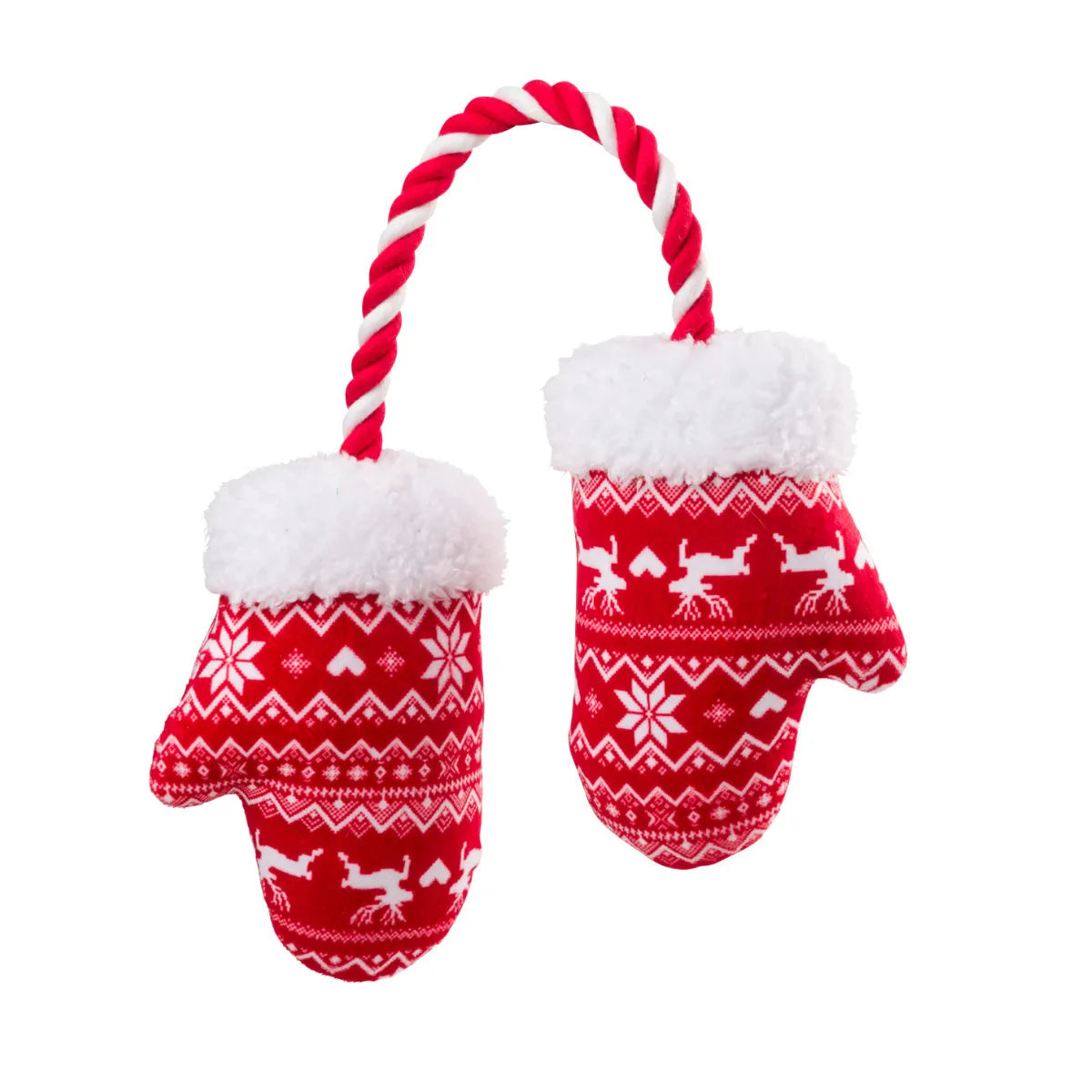 Pair of plush red and white fair isle mitten dog toys on rope, House of Paws