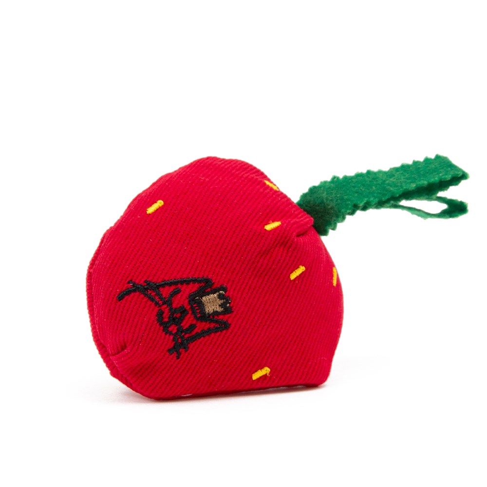 Red fabric strawberry catnip cat toy with green felt leaves, King Catnip