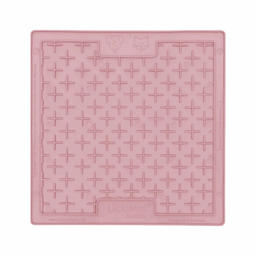 Pink square silicone dog lickmat with cross pattern, LickiMat Classic Buddy Guava