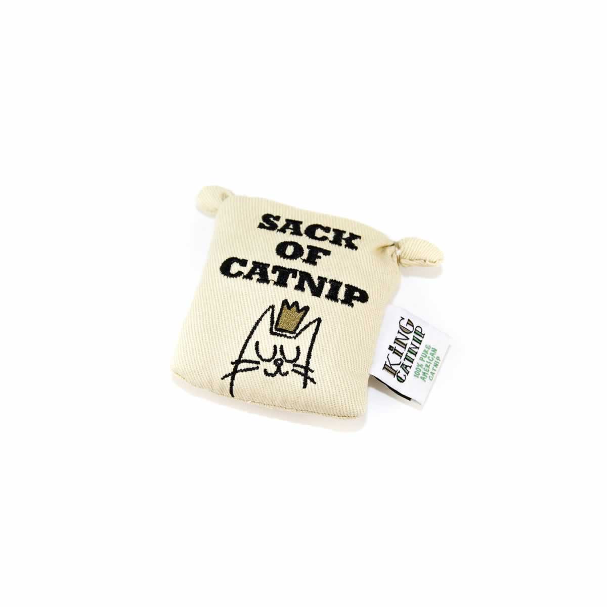 Cream fabric tote bag-shaped catnip cat toy with 'Sack of Catnip' text, King Catnip