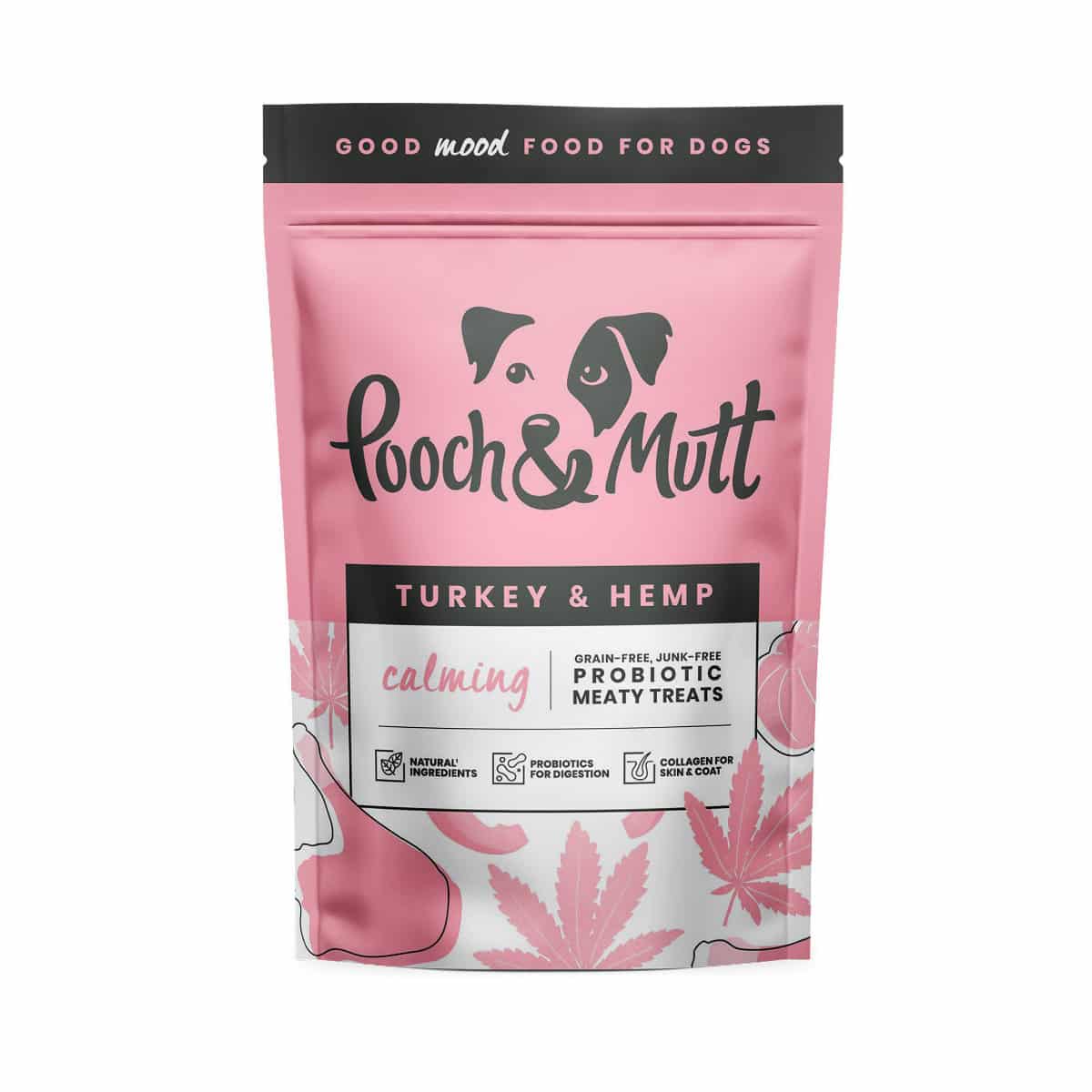 Pink Pooch and Mutt turkey and hemp calming dog treats pouch