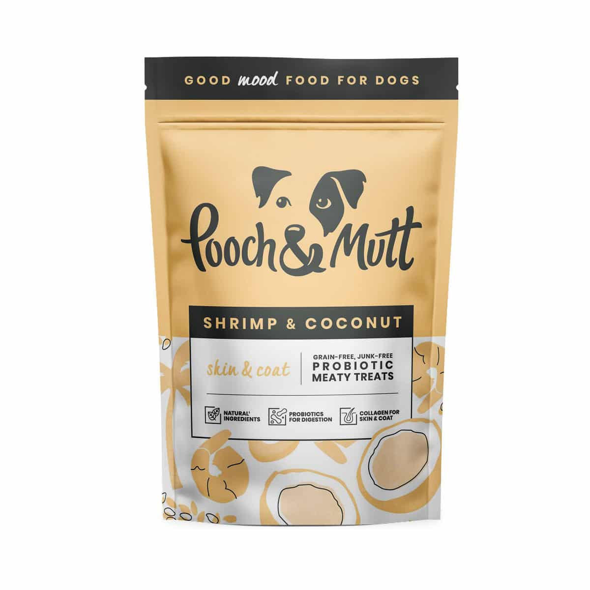 Gold Pooch and Mutt shrimp and coconut skin and coat dog treats pouch