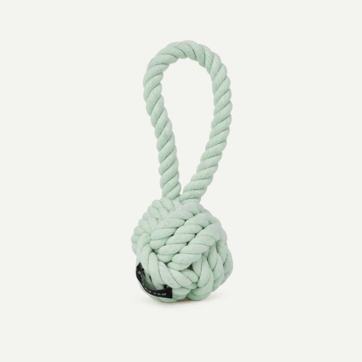 Mint green twisted cotton rope ball dog toy with loop handle, maxbone