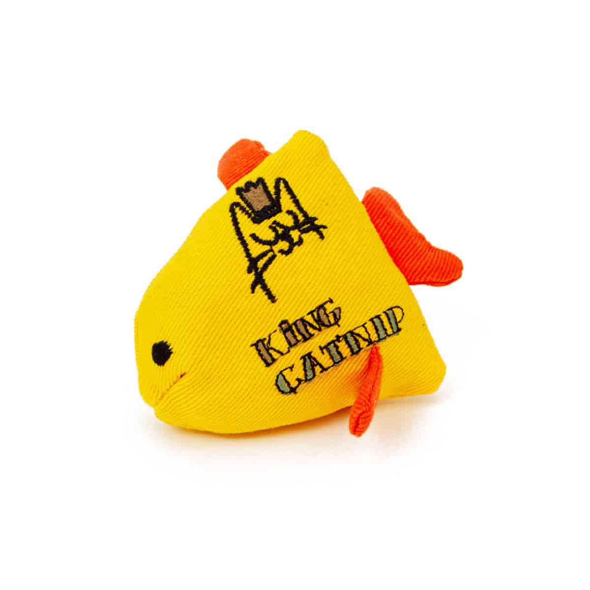 Yellow fabric goldfish-shaped catnip cat toy with orange fins, King Catnip
