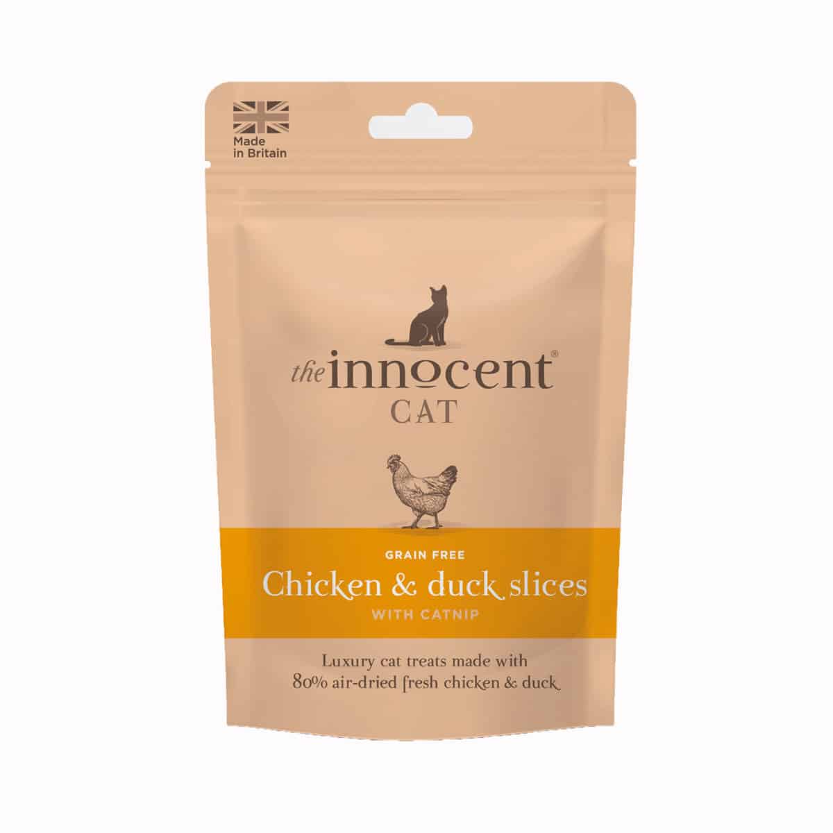 Tan Innocent Cat chicken and duck slices treats pouch with catnip