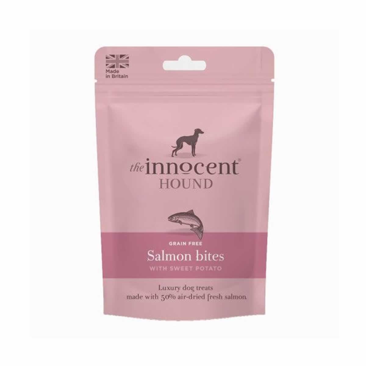 Pink Innocent Hound salmon bites dog treats pouch with sweet potato