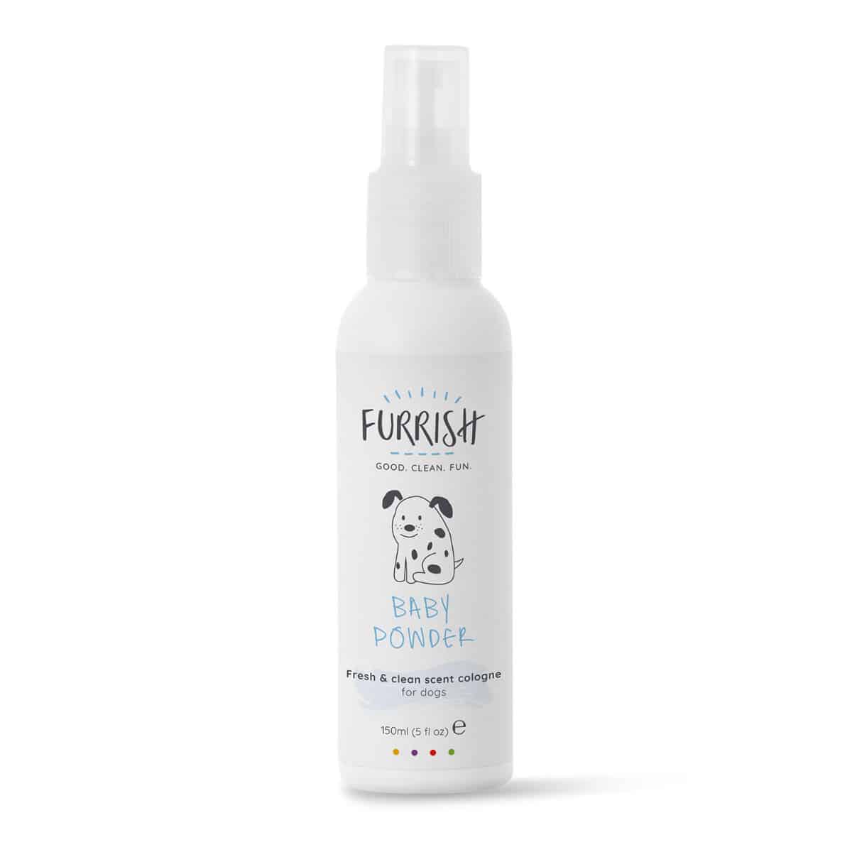 White spray bottle of Furrish Baby Powder scented dog cologne