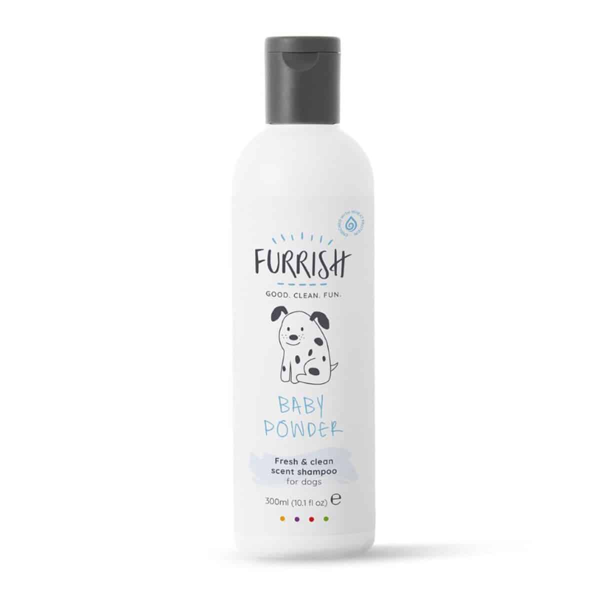 White bottle of Furrish Baby Powder scented dog shampoo