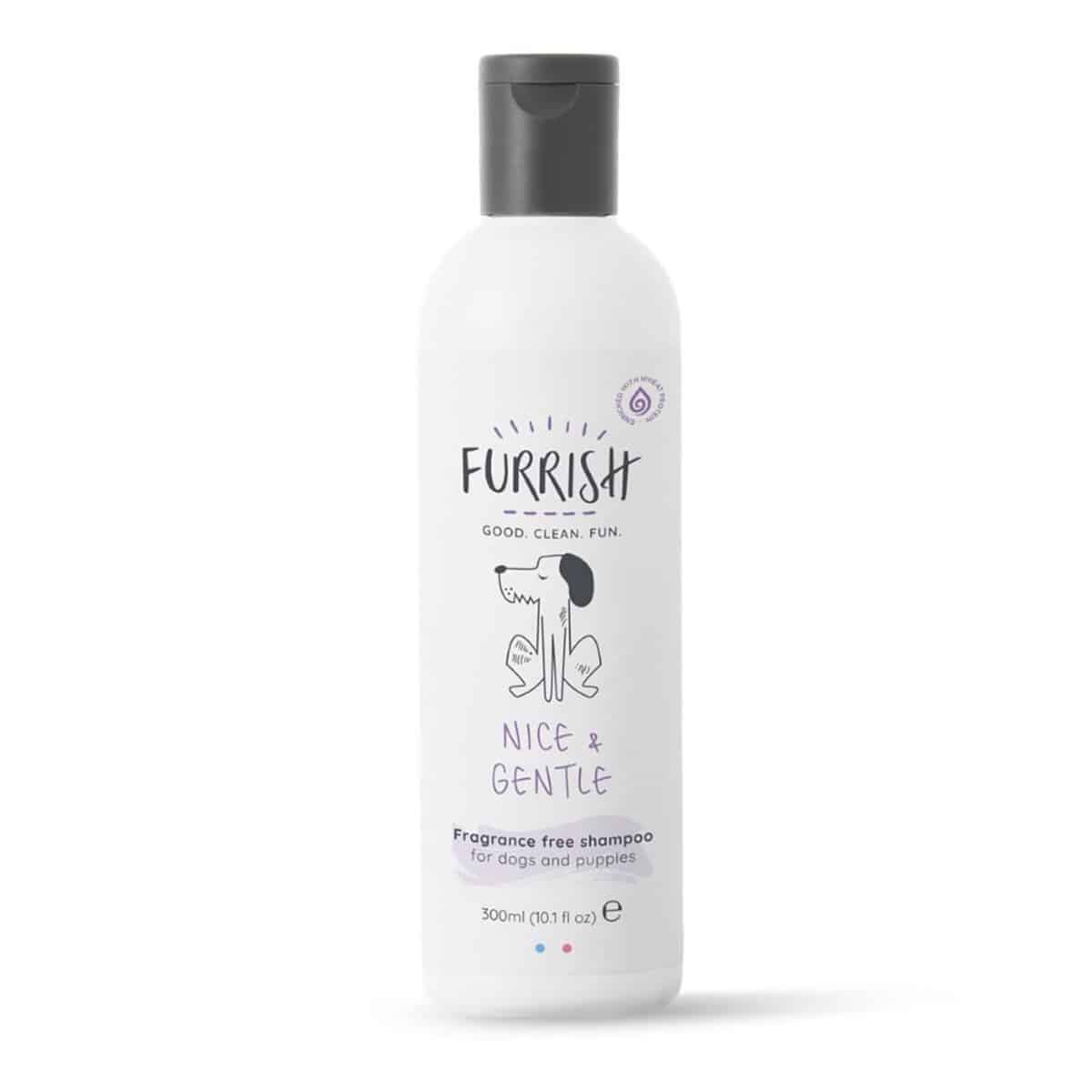White bottle of Furrish Nice and Gentle fragrance-free dog and puppy shampoo