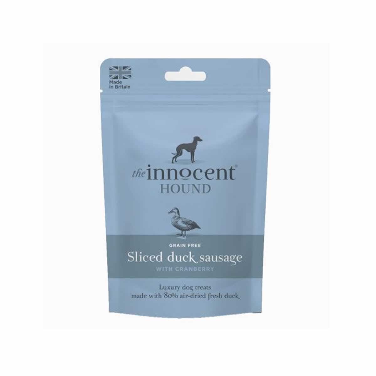 Blue Innocent Hound sliced duck sausage dog treats pouch with cranberry