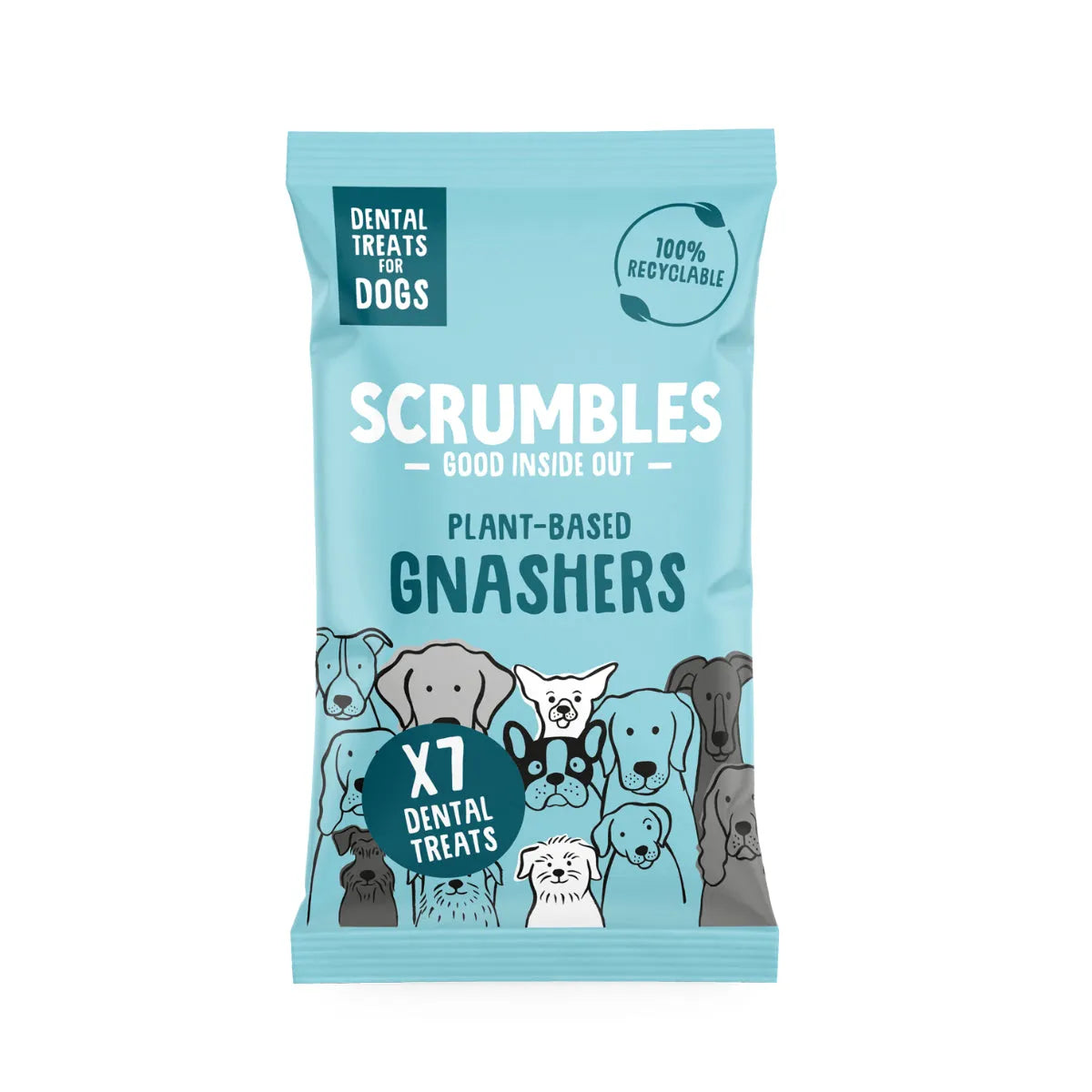 Blue Scrumbles Gnashers plant-based dog dental sticks pouch, 7 pack