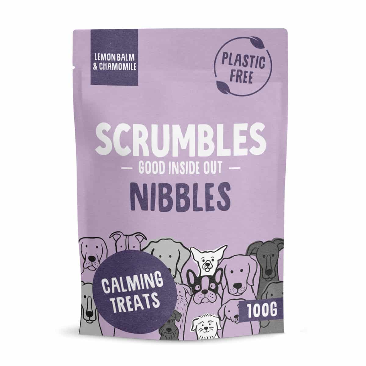 Purple Scrumbles Nibbles calming dog treats pouch, lemon balm and chamomile