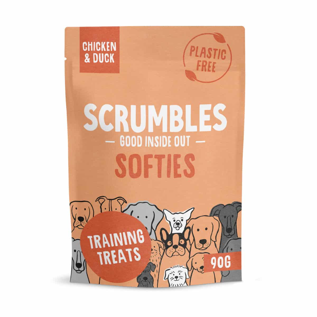 Orange Scrumbles Softies chicken and duck dog training treats pouch