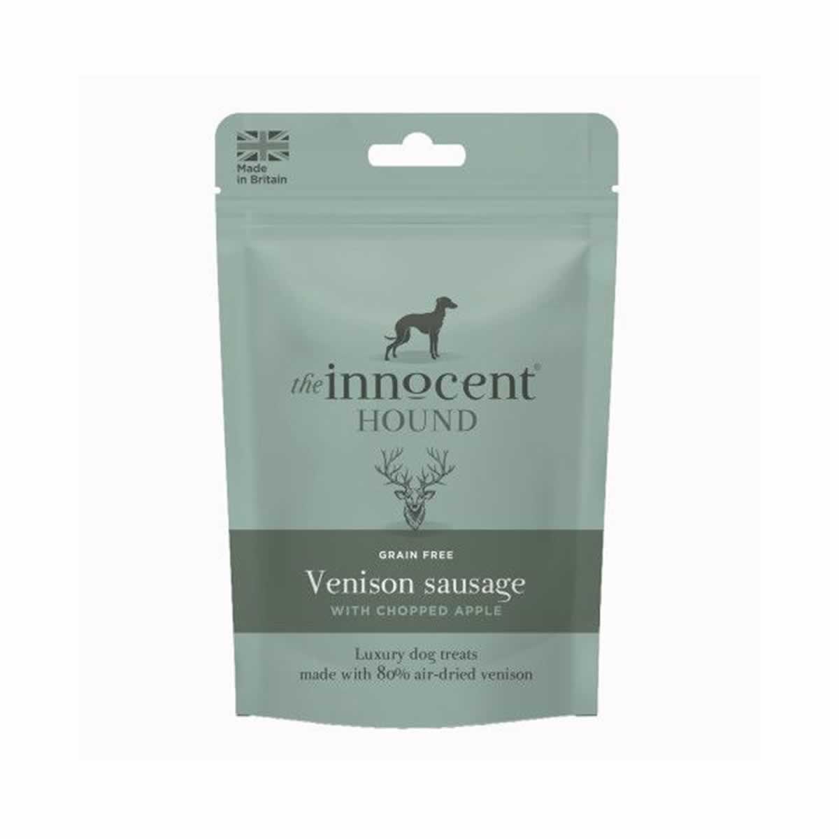 Sage green Innocent Hound venison sausage dog treats pouch with chopped apple