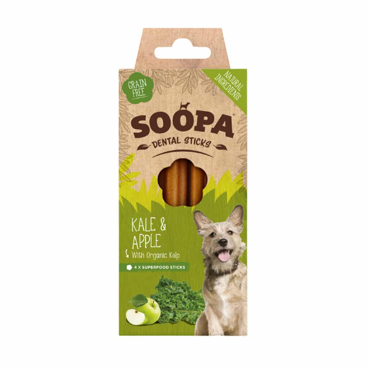 Soopa kale and apple dental sticks dog treats box with organic kelp