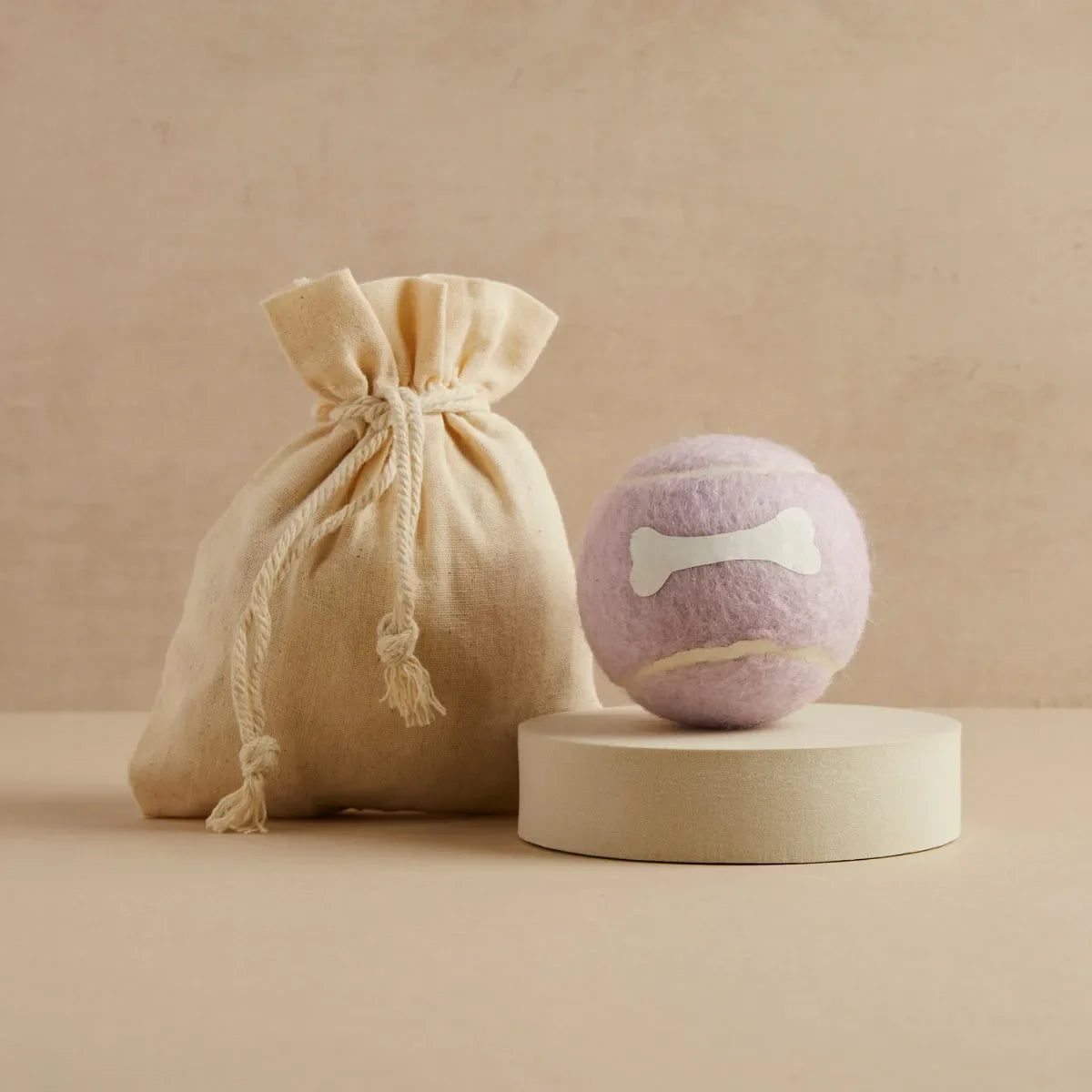 Lavender purple tennis ball with bone design and linen bag, Pet Hamper