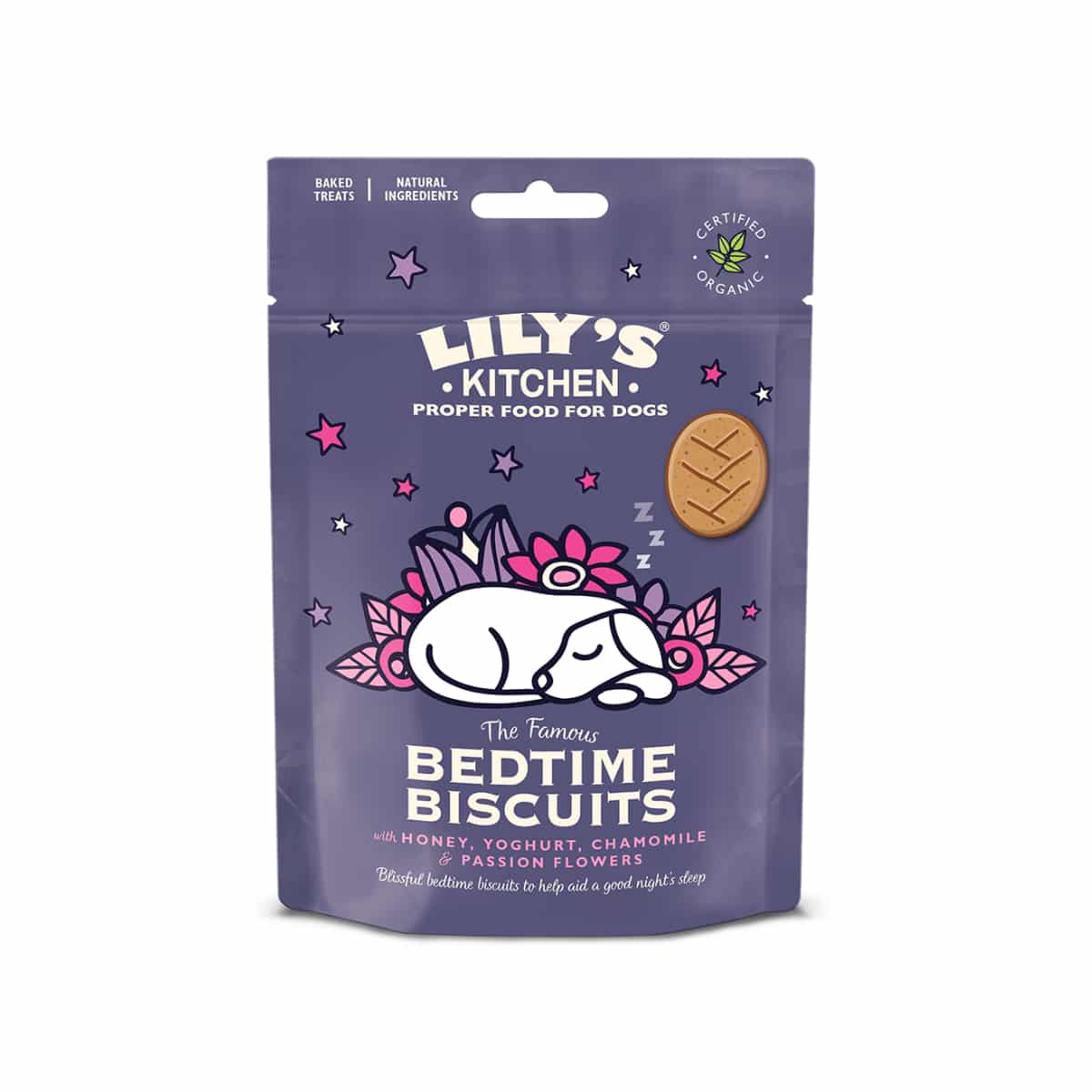 Purple Lily's Kitchen organic bedtime biscuits dog treats pouch, honey yoghurt chamomile and passion flowers
