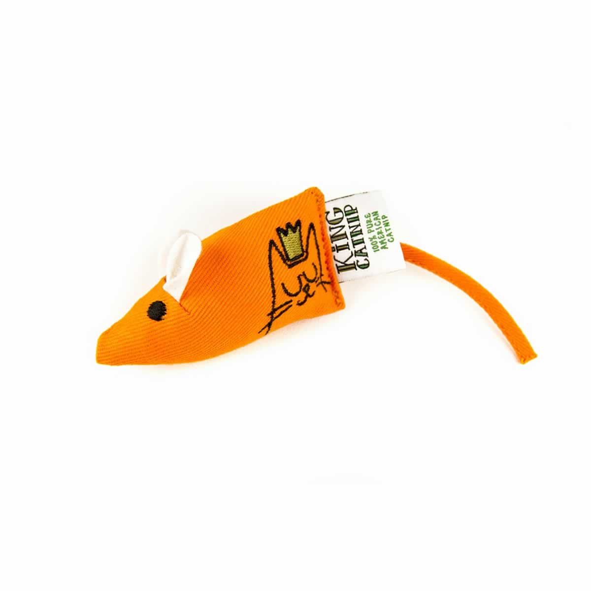 Orange fabric mouse-shaped catnip cat toy with crowned cat embroidery, King Catnip