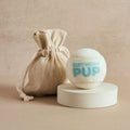 Cream tennis ball printed with 'Birthday Pup' text in blue and linen bag, Pet Hamper