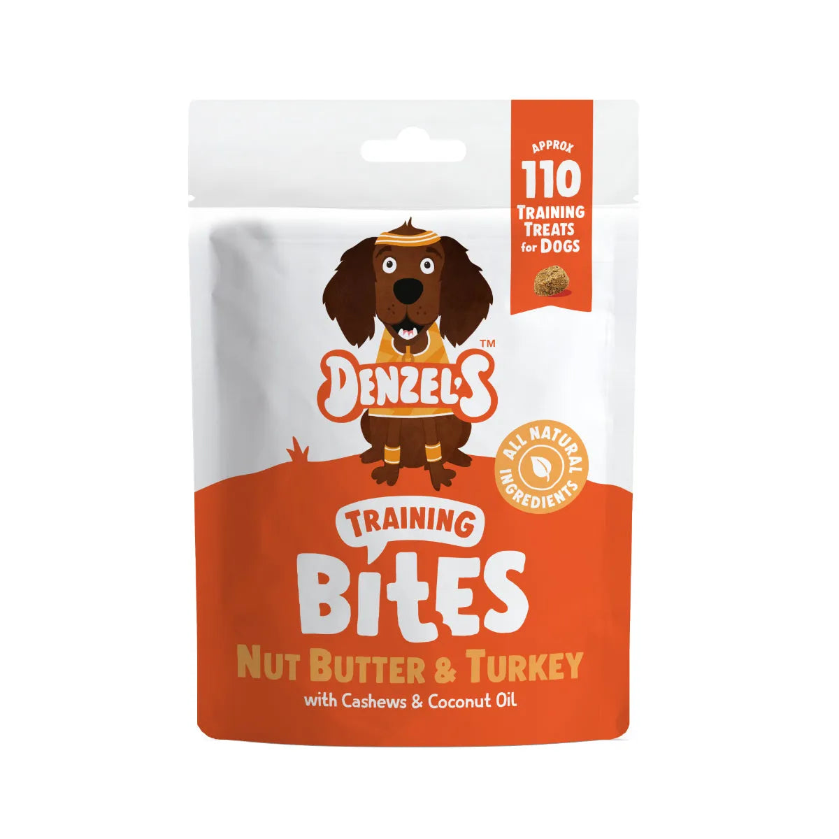 Orange and white Denzel's Training Bites dog treats pouch, nut butter and turkey
