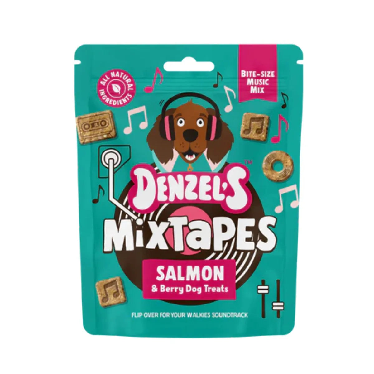 Teal Denzel's Mixtapes bite-size dog treats pouch, salmon and berry