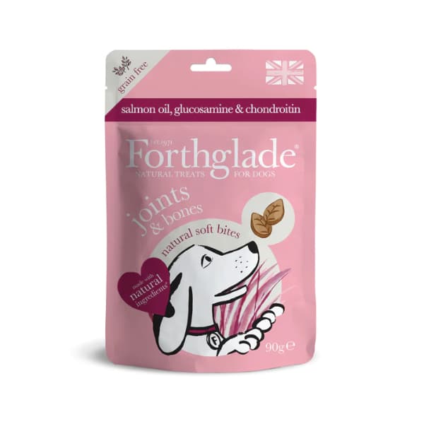 Pink Forthglade Joints and Bones soft bites dog treats pouch, salmon oil glucosamine and chondroitin