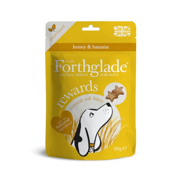 Yellow Forthglade Rewards soft bites dog treats pouch, honey and banana