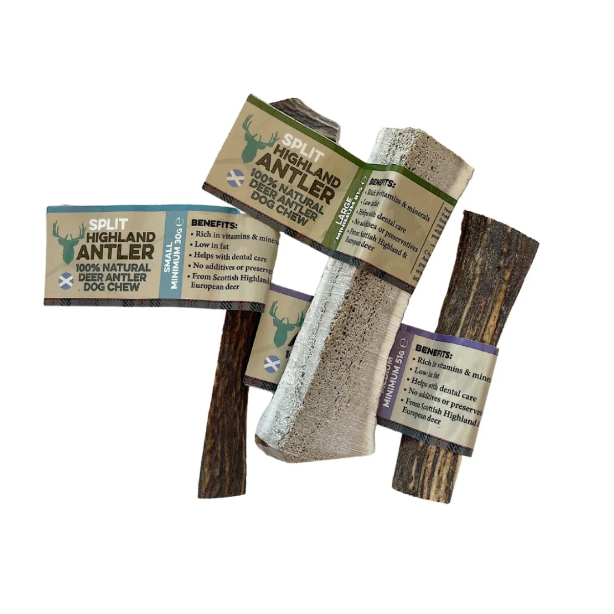 Split Highland antler dog chews in three sizes with packaging labels